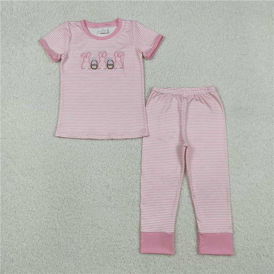 x12.15  GSPO2117 Embroidered Easter Bunny Egg Basket Pink Striped Short-Sleeve Pants Pajama Set