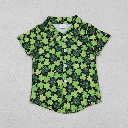 X12.30  BT1455 Black button-down plaid four-leaf clover short-sleeved top
