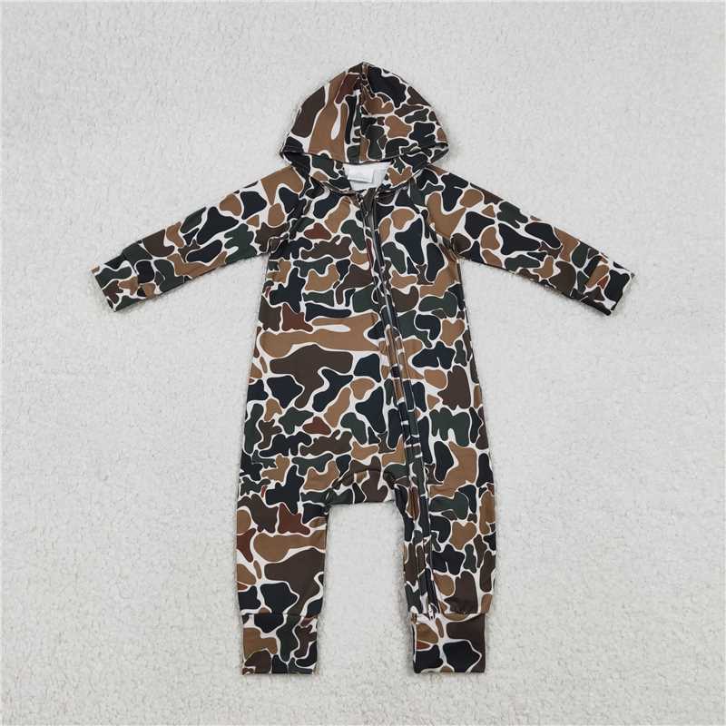 x12.12  LR2815 Brown-green camouflage beige camouflage hooded zip-up long-sleeved jumpsuit