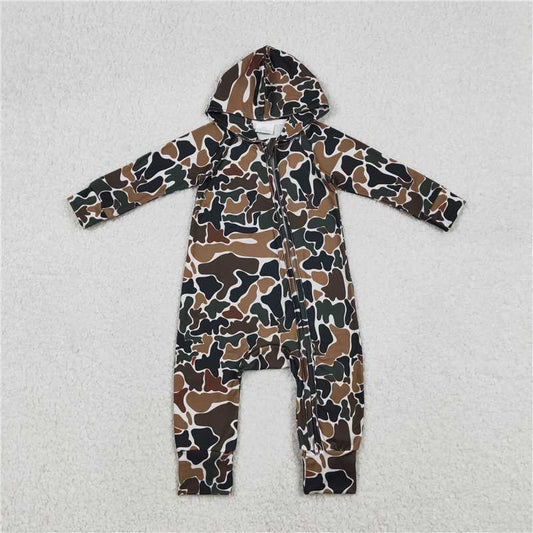 x12.12  LR2815 Brown-green camouflage beige camouflage hooded zip-up long-sleeved jumpsuit