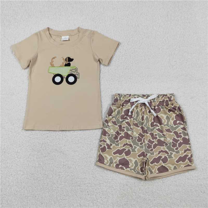 X12.8 BSSO1576 Embroidered Deer Antler Puppy Truck Short-Sleeve Camouflage Shorts Set