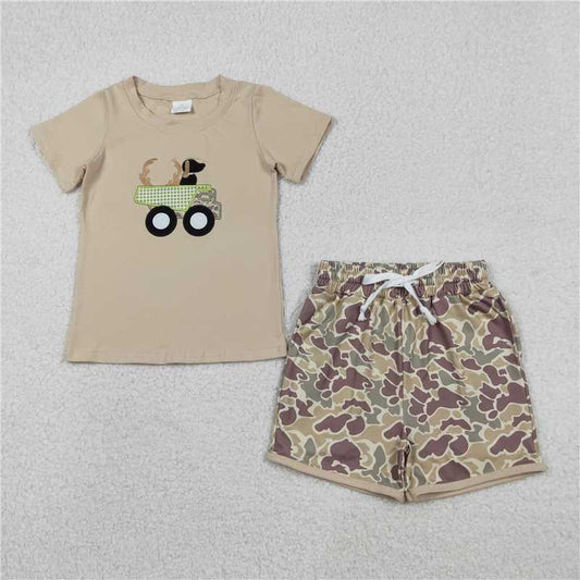 X12.8 BSSO1576 Embroidered Deer Antler Puppy Truck Short-Sleeve Camouflage Shorts Set