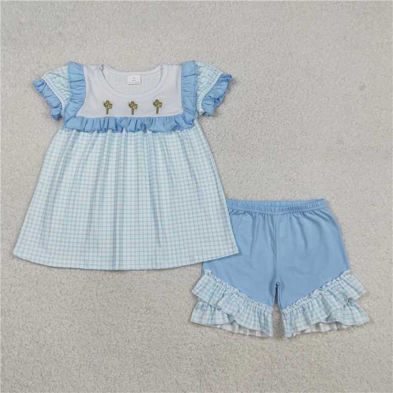 X12.29  GSSO2718 Embroidered Easter Cross Flower Blue Lace Plaid Short-Sleeve and Shorts Set