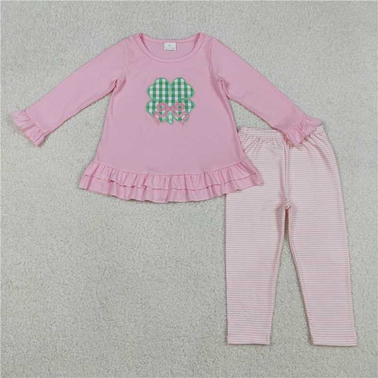 X12.25 GLP2210 Embroidered Four-Leaf Clover Bow Pattern Pink Lace Long-Sleeved Striped Trousers Set