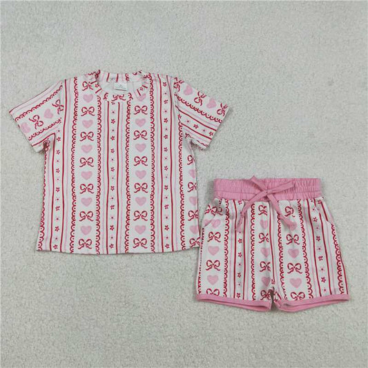 X12.29 GSSO2738 Heart-shaped Bow Pattern Floral Striped Beige Short-Sleeve and Shorts Set