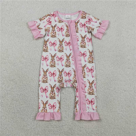 SR2020 Short-sleeved jumpsuit with rabbit and bow pattern, pink trim, and white zipper.