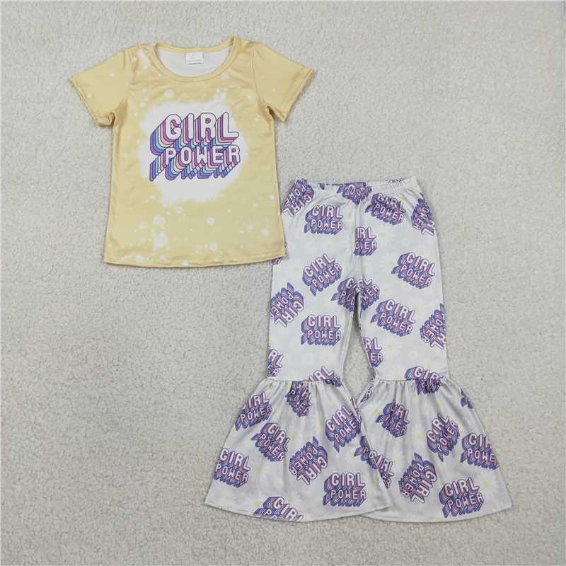 GSPO1092 Girl Power Letter Floral Yellow Short-Sleeve Gray Pants Set
