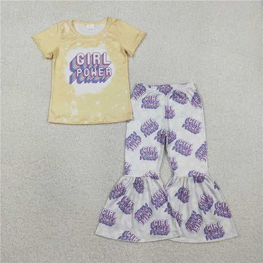 GSPO1092 Girl Power Letter Floral Yellow Short-Sleeve Gray Pants Set