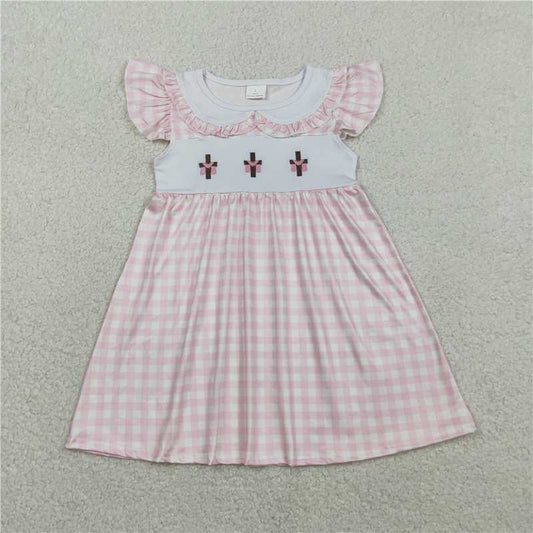 GSD3382 Embroidered cross pink plaid lace Peter Pan collar flutter sleeve dress