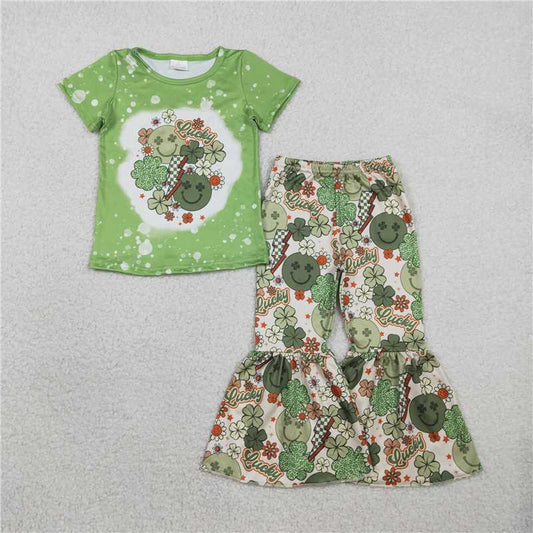 GSPO1876 Lucky Flower Smiley Face Four-Leaf Clover Green Short-Sleeve T-Shirt and Pants Set