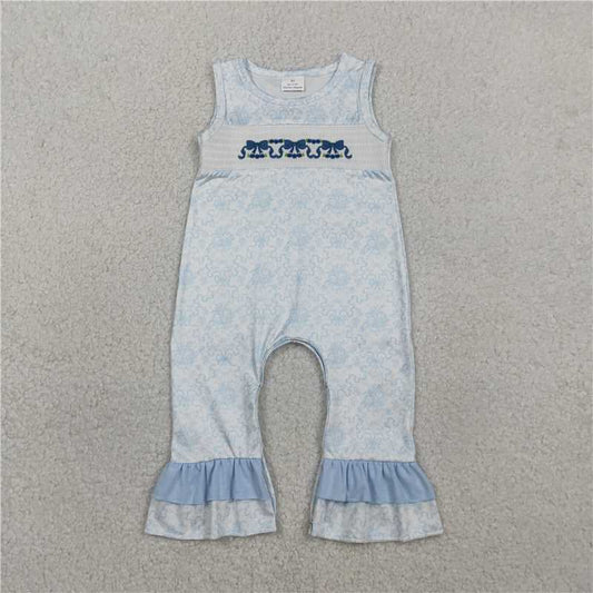SR3843 Embroidered Flower and Bow Pattern Blue Lace Sleeveless Jumpsuit