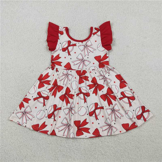 GSD3456 Red Baseball Sleeve Dress with Bow Pattern