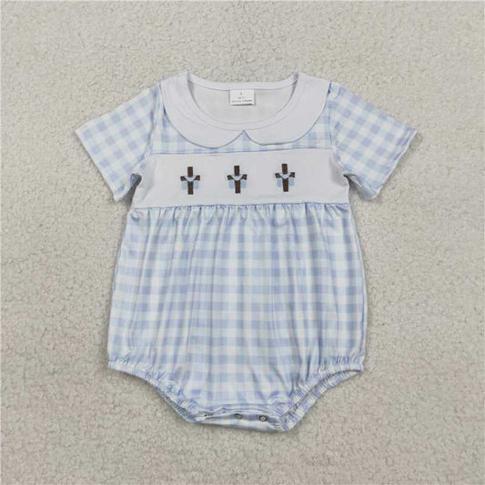 SR3757 Embroidered Cross Blue Check Peter Pan Collar Short-Sleeved Jumpsuit with No Pant Legs