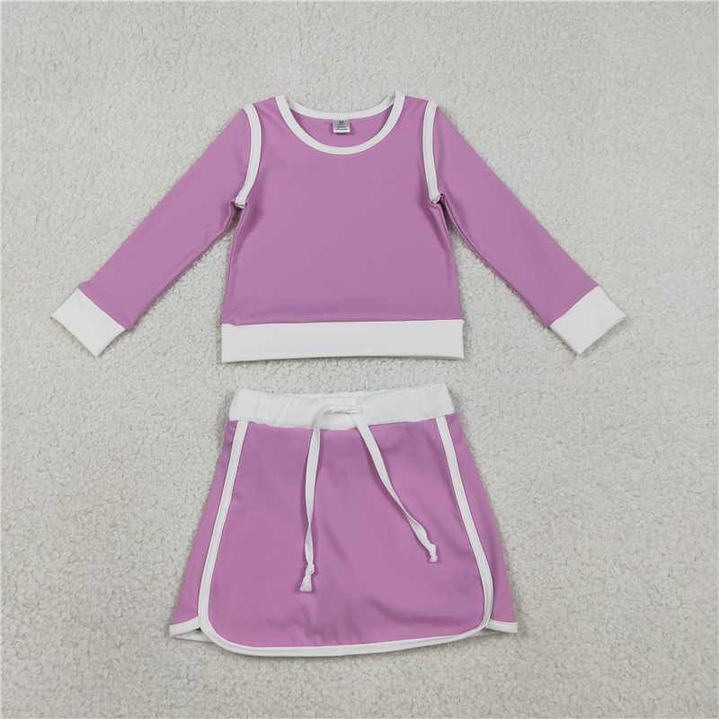 GLD1484 Solid Color Purple and White Long-Sleeved Skirt Yoga Set