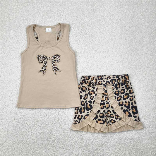 4.26  GSSO1603 Embroidered leopard print bow brown vest and shorts set