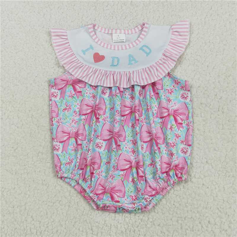 5.19 SR3089 Embroidered i love dad pink striped bow pattern flowers and leaves blue vest jumpsuit