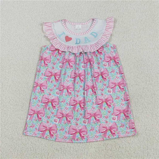 6.23 GSD2534 Embroidered i love dad pink striped bow pattern flowers and leaves blue sleeveless dress