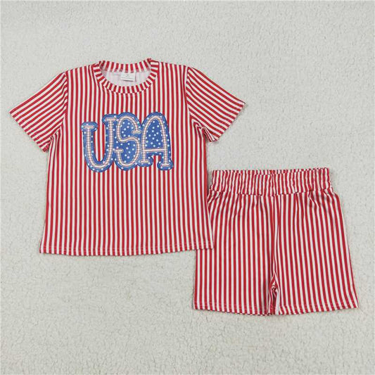 5.19  GSSO2577 usa star letter red and white striped short-sleeved shorts suit