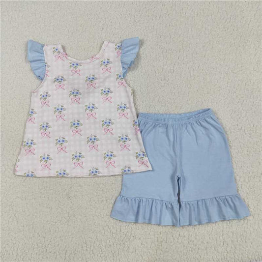 5.19  GSSO1577 Flower and bow pattern pink plaid flying sleeves blue lace shorts set