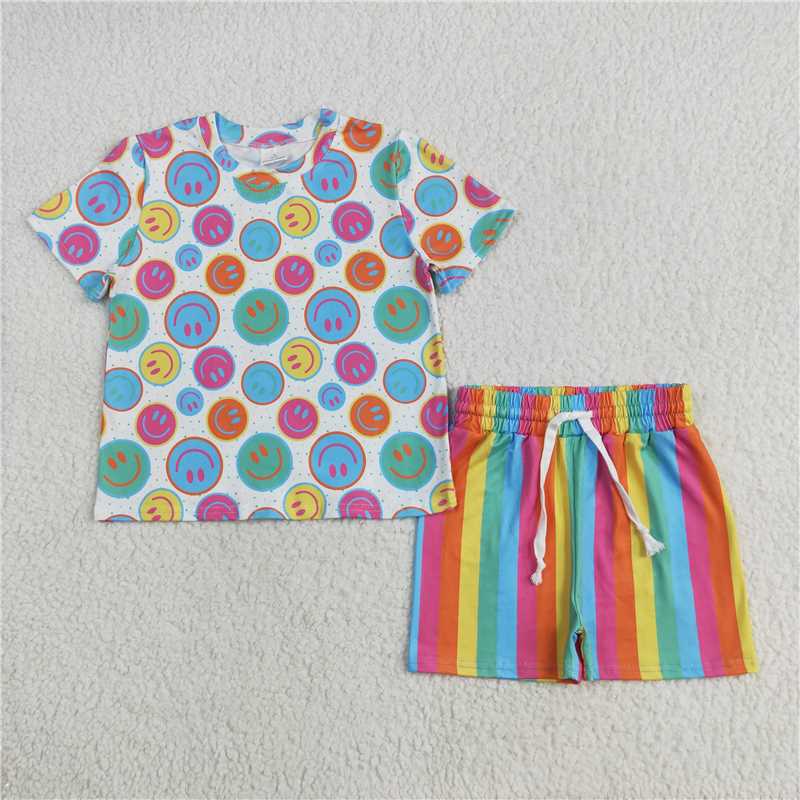 5.19  GSSO2609 Smiley white short-sleeved colorful striped shorts set