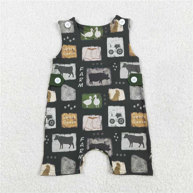 5.19  SR2874 Farm tractor cow duck button green sleeveless jumpsuit