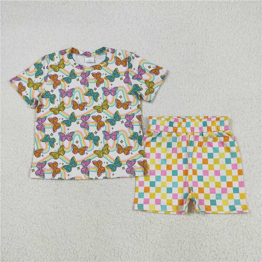 5.30 GSSO2615 Butterfly short sleeve colorful plaid shorts set