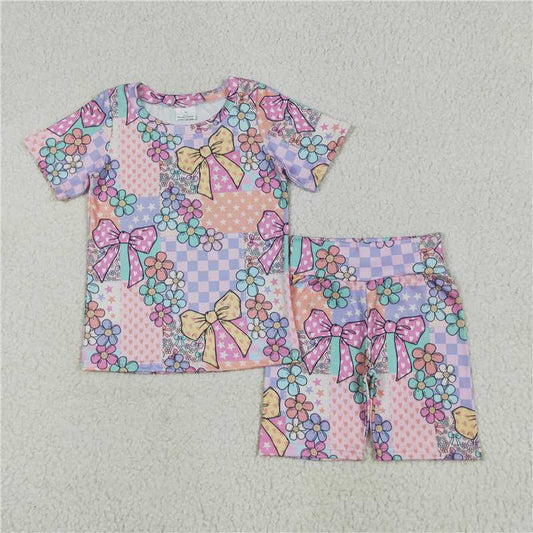 6.11 GSSO2509 Colorful flower and bow pattern star and heart plaid short-sleeved shorts suit
