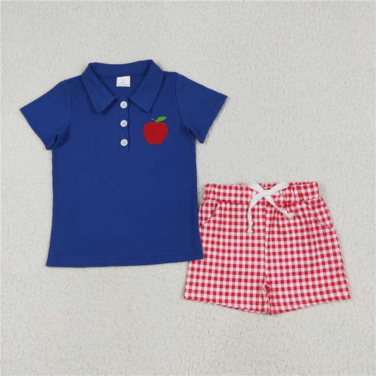 6.23  BSSO1397 Embroidered Apple Blue Short Sleeve Red Plaid Shorts Set