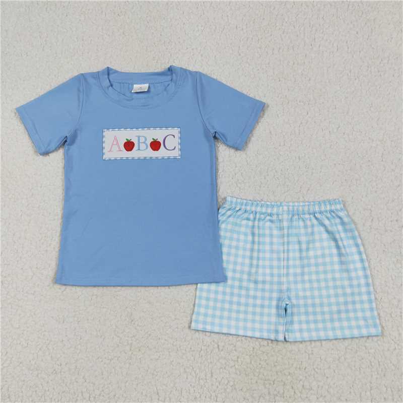 6.23  BSSO1331 Embroidered Back to School ABC Apple Short Sleeve Blue Plaid Shorts Set