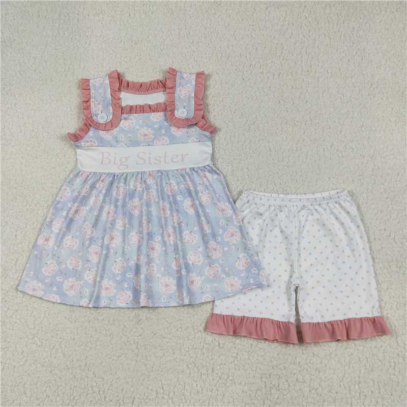 6.11 GSSO2350 Big sister blue sleeveless polka dot shorts set with lettering and flowers