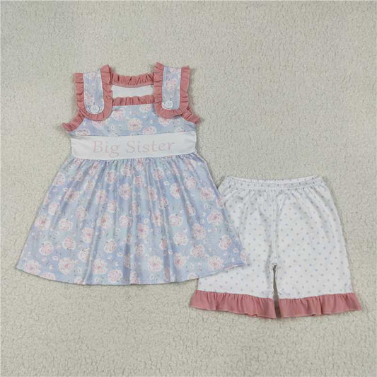 6.11 GSSO2350 Big sister blue sleeveless polka dot shorts set with lettering and flowers