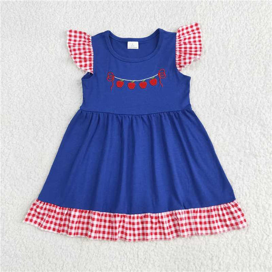 6.12  GSD2153 Embroidered Apple Red Plaid Lace Blue Fly Sleeve Dress