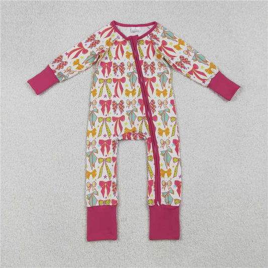 X916  LR2468 Rose red long-sleeved zip-up bodysuit with bow pattern and stars