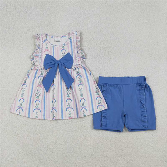 X916  GSSO2533 Powder blue bow pattern striped floral lace sleeve shorts set