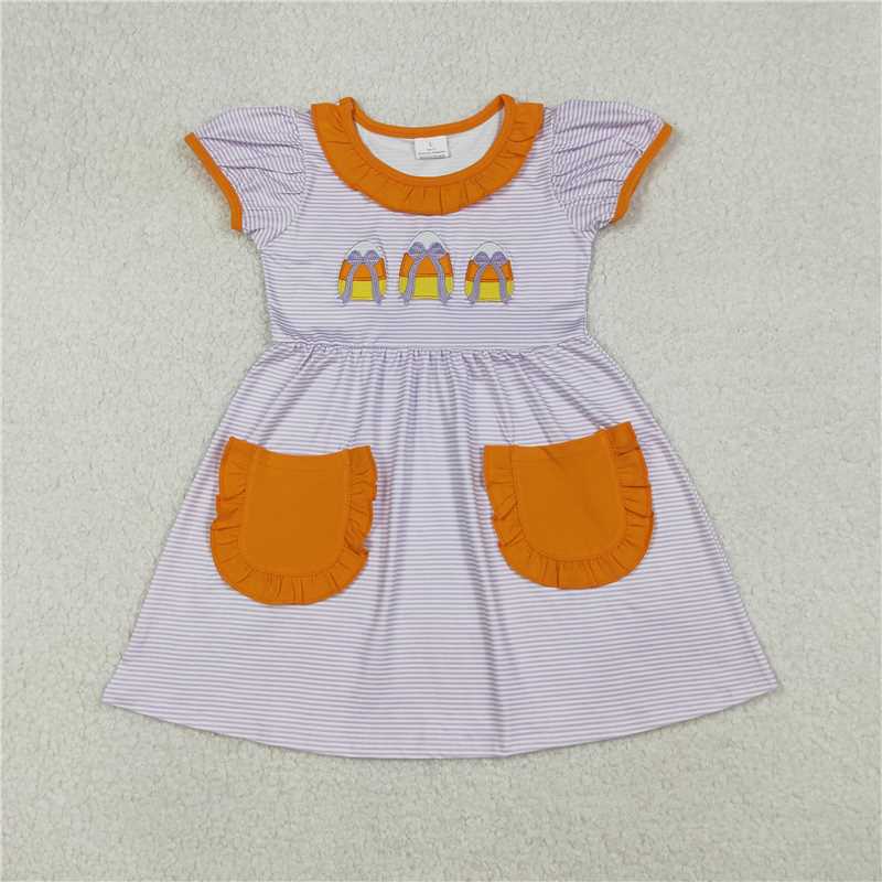 X915  GSD2791 Embroidered Halloween candy bow pattern, orange lace pockets, purple striped short-sleeved dress