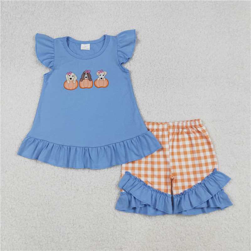 X12.5  GSSO2700 Embroidered Bow Pumpkin Puppy Blue Flutter Sleeve Orange Plaid Shorts Set