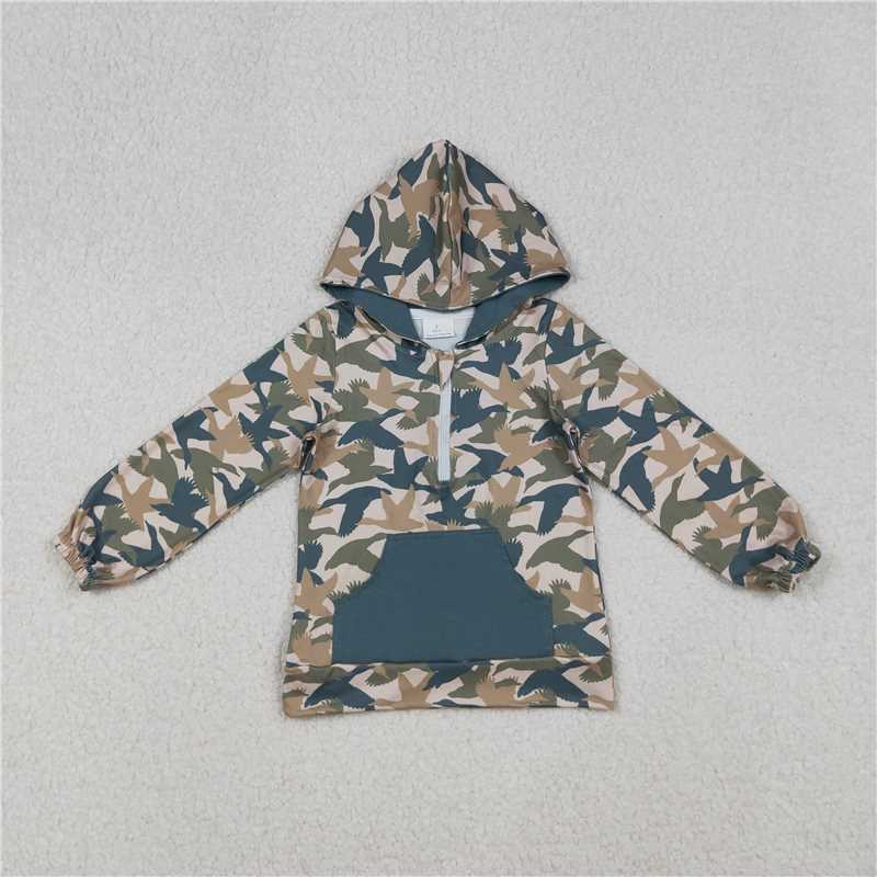 X918 BT1301 Duck Grey Pocket Zipper Hooded Long Sleeve Top