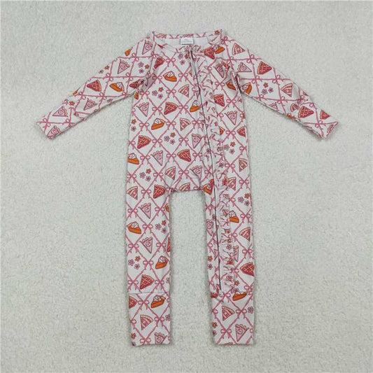 X916  LR2594 Cake Flower and Bow Pattern Lace Zipper Long-Sleeved Bodysuit
