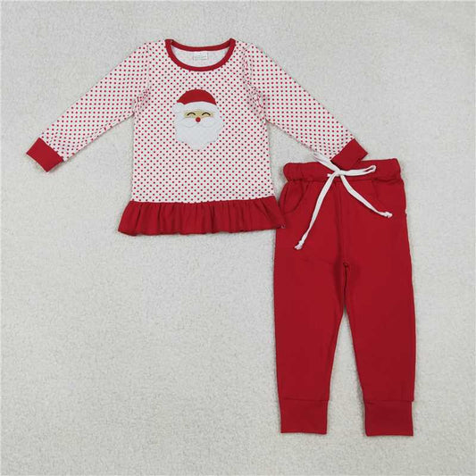 X109 GLP2708 Embroidered Santa Claus Red Polka Dot Lace Long Sleeve Pants Set