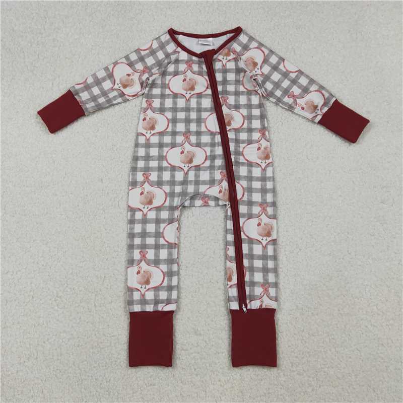 X10.13  LR2691 Bow Tie Pattern Turkey Plaid Long-Sleeved Zipper Bodysuit