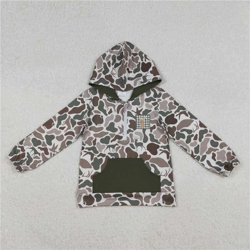 X10.13 BT1304 Embroidered elk camouflage green pocket zip-up hooded long-sleeved top