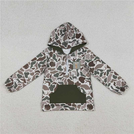 X10.13 BT1304 Embroidered elk camouflage green pocket zip-up hooded long-sleeved top