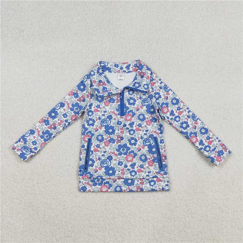 X11.4  GT1192 Floral Pink-Blue Flower and Leaf Zipper Yoga Long-Sleeve Top