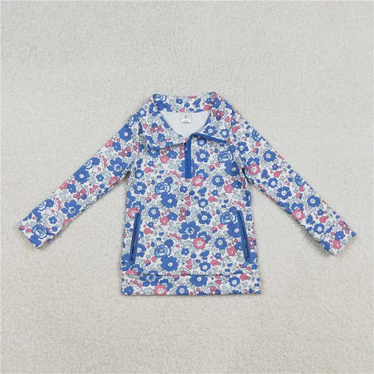 X11.4  GT1192 Floral Pink-Blue Flower and Leaf Zipper Yoga Long-Sleeve Top