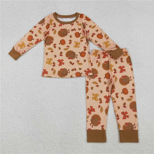 X108 GLP2883 Turkey and pumpkin bow pattern long-sleeved trousers pajama set