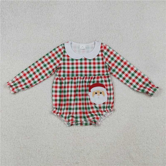 X108  LR2357 Embroidered Santa Claus Red and Green Plaid Doll Collar Long-Sleeved Bodysuit