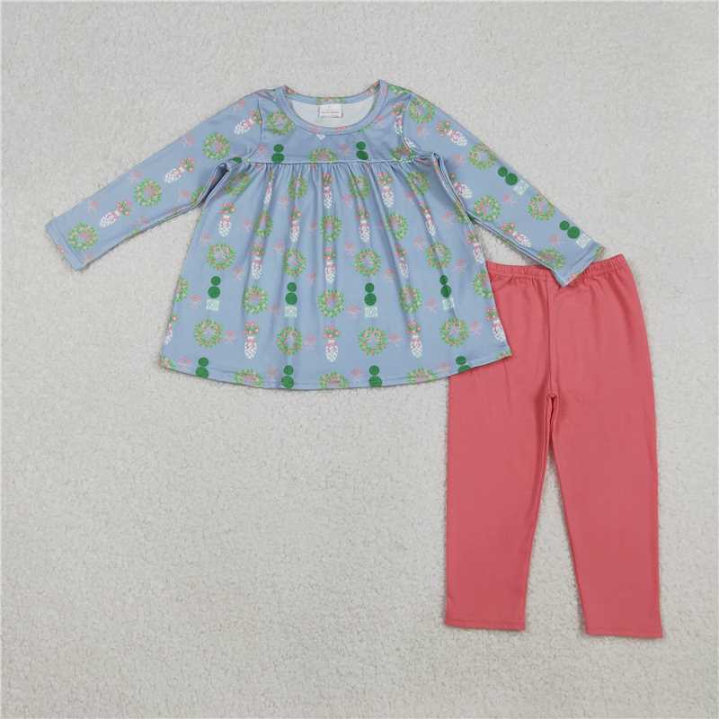 X109 GLP2868 Blue long-sleeved pink pantsuit with Christmas wreath, vase, and bow pattern