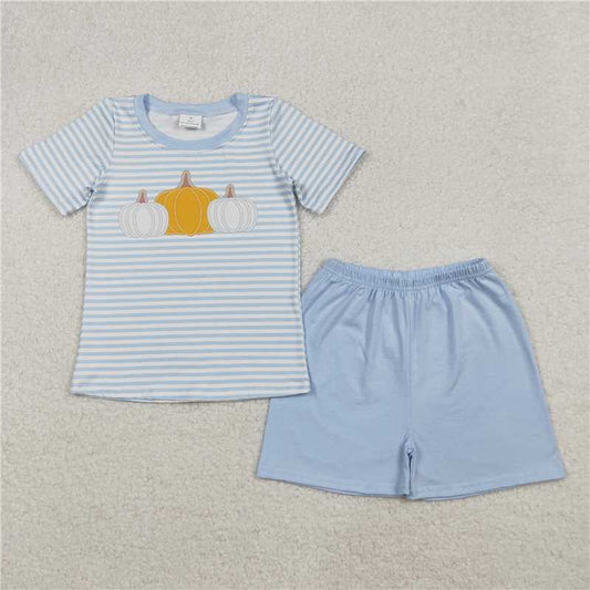 X10.11  BSSO1548 Pumpkin Blue Striped Short-Sleeve Shorts Set