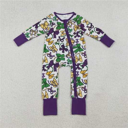 X10.13 LR2678 Purple and white zip-up long-sleeved bodysuit with carnival bow necklace