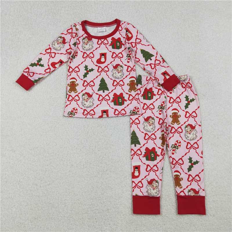 X109 GLP2807 Pink plaid long-sleeved trousers pajama set with Santa Claus stocking and bow pattern